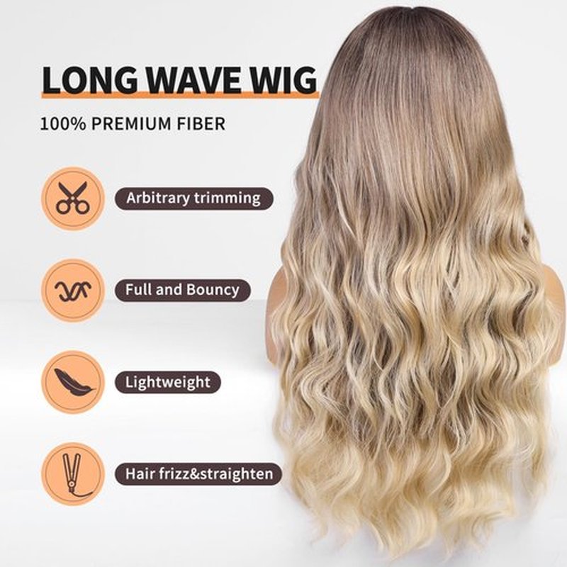 KOME Ombre Blonde Wigs with Bangs,Blonde Highlight Long Wavy Wig for Women,Long Curly Synthetic Hair Wig for Party Cosplay Daily Use 24IN