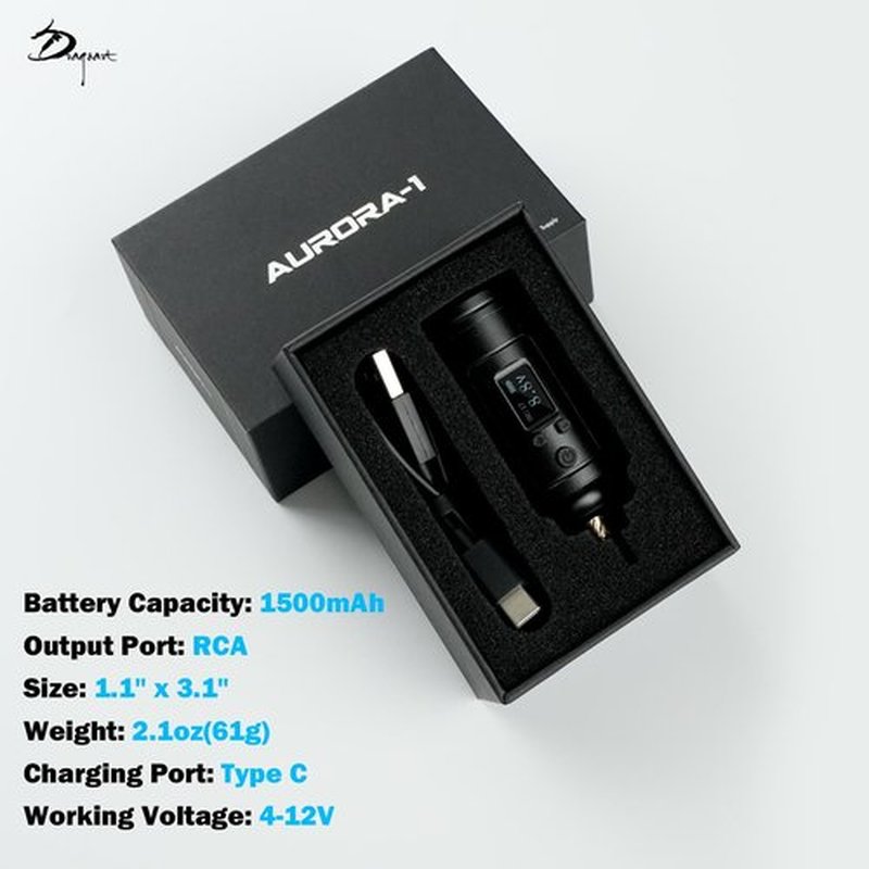 Dragoart Aurora-1 1500mAh Tattoo Battery for Wireless Tattoo Gun 4V-12V, OLED Screen Timer Display Screen Mirroring, Lightweight Tattoo Power Supply for Wireless Tattoo Gun Tattoo Machine, RCA Silver