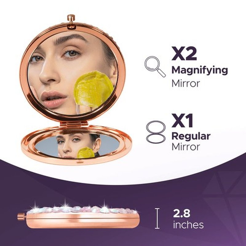 QearFun Small Compact Mirror for Purses, Bling Diamond Rose Gold Mini Pocket Mirror, Luxurious Rhinestone Tiny Magnifying Mirror Gift for Women & Girlfriend Bridesmaids Wedding Favors Travel Makeup