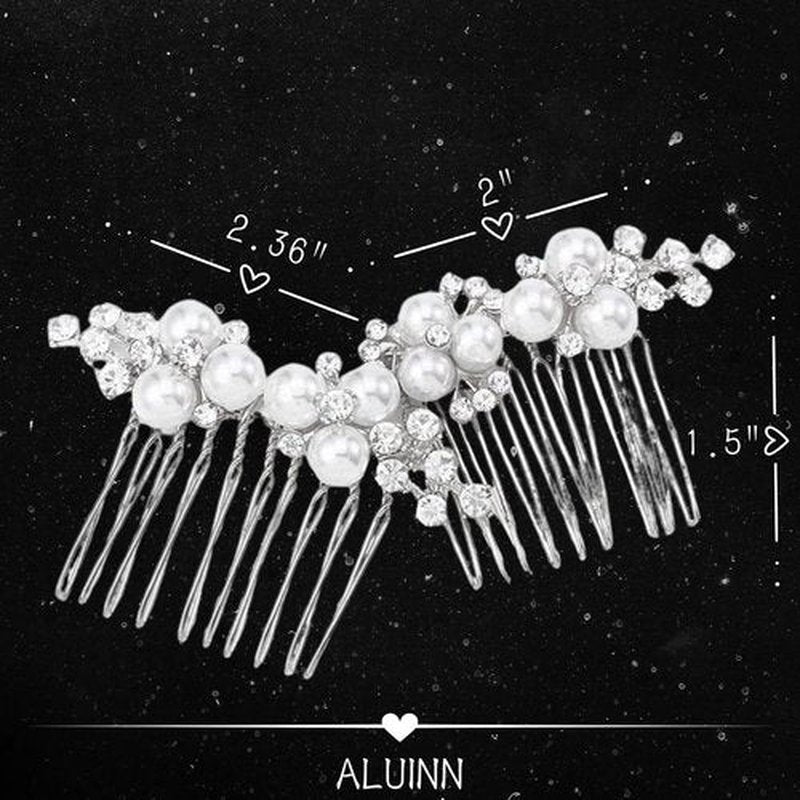 ALUINN Gold Bridal Hair Comb For Wedding Hair Accessories, Crystals Bridal Hair Comb Piece, Pearls Hair Piece for Brides, Women (Silver)