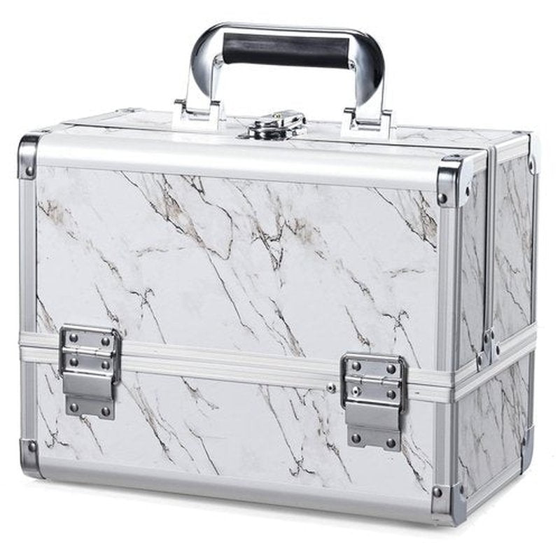 Joligrace 11.6 inch Makeup Box Train Case Cosmetic Organizer with Mirror 3-Tier Tackle Tray Lockable Portable Travel Carrying Make-up Storage Box with Handle - Marble White