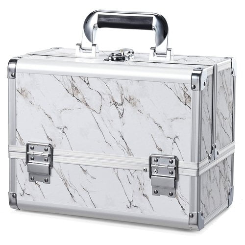 Joligrace 11.6 inch Makeup Box Train Case Cosmetic Organizer with Mirror 3-Tier Tackle Tray Lockable Portable Travel Carrying Make-up Storage Box with Handle - Marble White