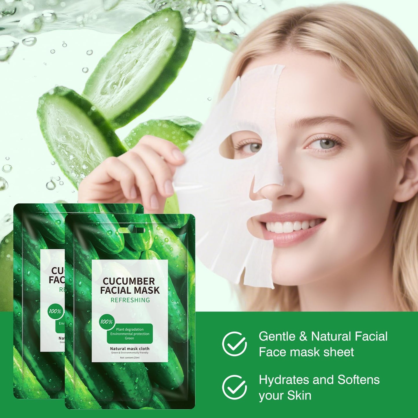 OUPEICHARM Cucumber Face Masks Sheet for Women,Moisturizes Facial Masks Oil Control,Hydrates, Soothes,Home Spa Facial Sheet Mask For All The Skin（6Pack）