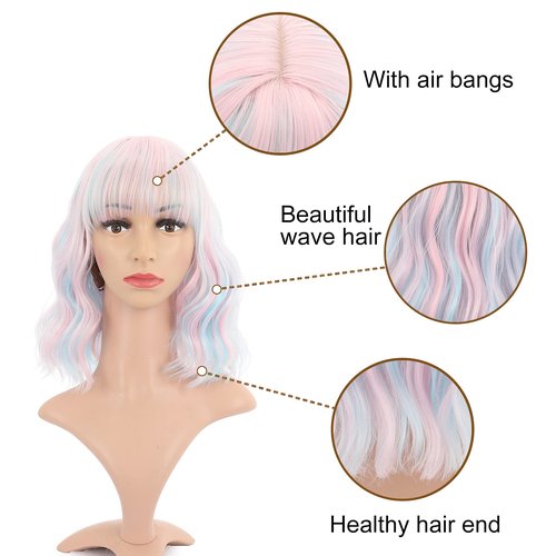 VCKOVCKO Natural Wavy Wig With Air Bangs Short Bob Piano Color Wigs Women's Shoulder Length Wigs Curly Wavy Synthetic Cosplay Wig Pastel Bob Wig for Girl Colorful Wigs(12",Pink & Sky Blue Mixed)