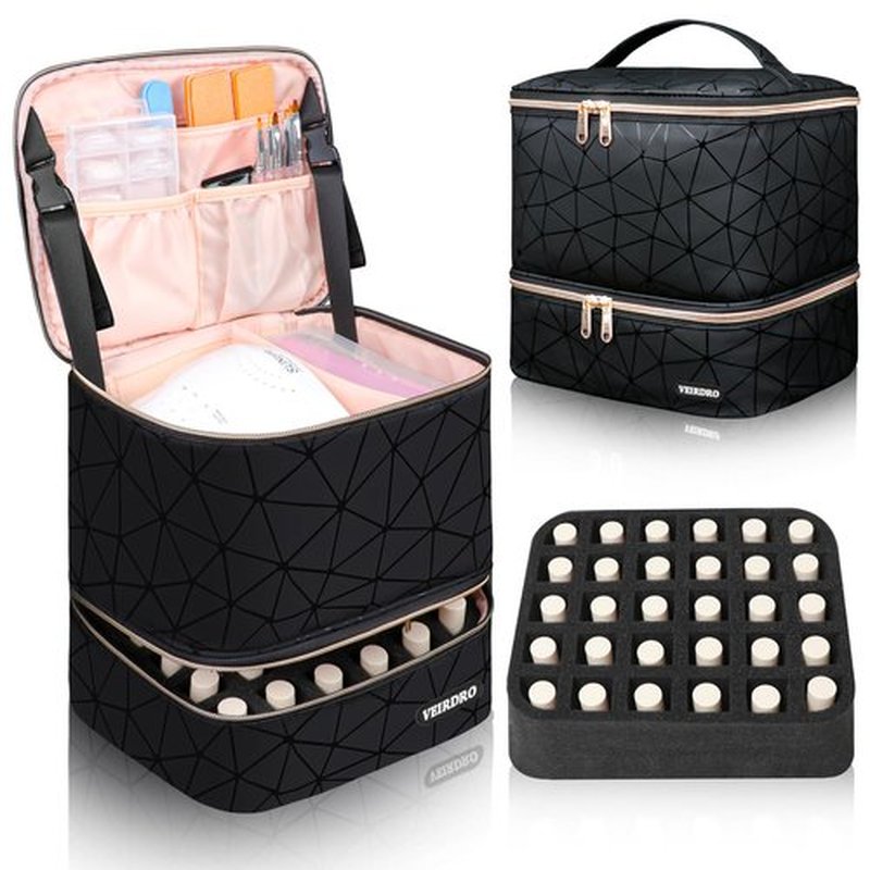 Veirdro Nail Polish Organizer Bag Holds 54 Bottles (15ml/0.5 fl.oz) and Nail Lamp, PU Leather Nail Kit Storage Carrying Case with Support Strap, Large Nail Supplies Shoulder Bag Women (Elegant Black)