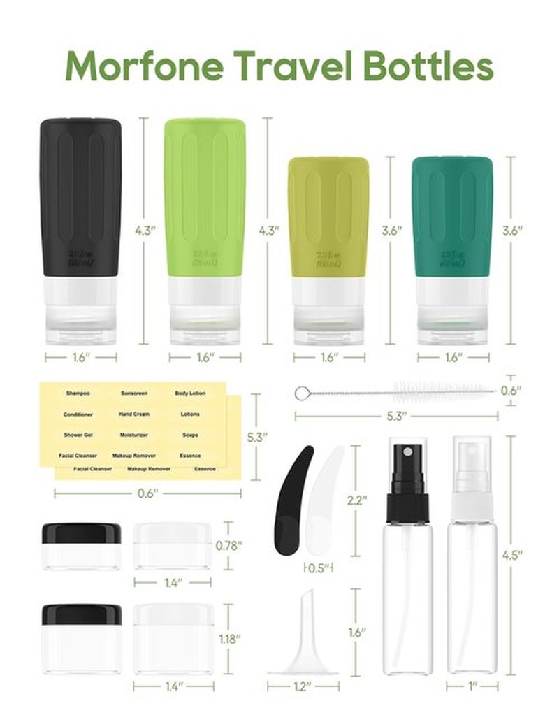 Morfone 16 Pack Silicone Travel Bottles Set for Toiletries TSA Approved Travel Containers Leakproof Squeezable Refillable Travel Accessories 2oz 3oz for Shampoo Conditioner Lotion Liquids(Green)