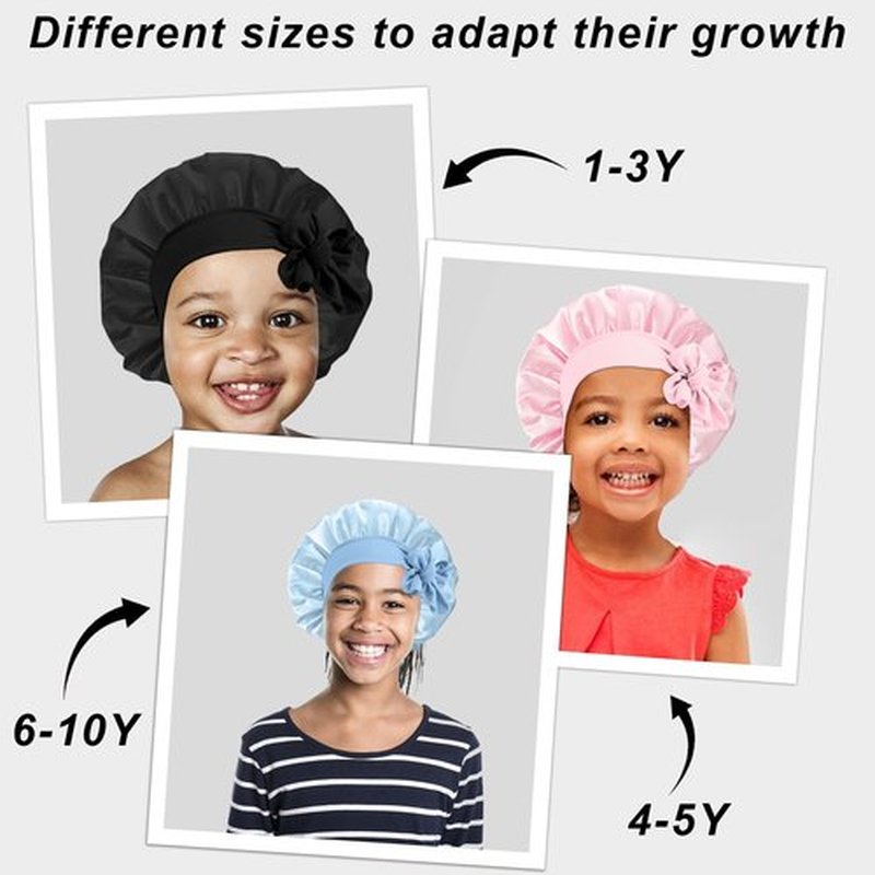 3 Pcs Kids Silk Bonnet for Sleeping - Baby Satin Bonnet for Sleeping,Kids Hair Bonnets for Curly Hair Girls Boys with Wide Elastic Band,Sleeping Cap for Teens Toddler Child (Pink+Black+Light Blue)
