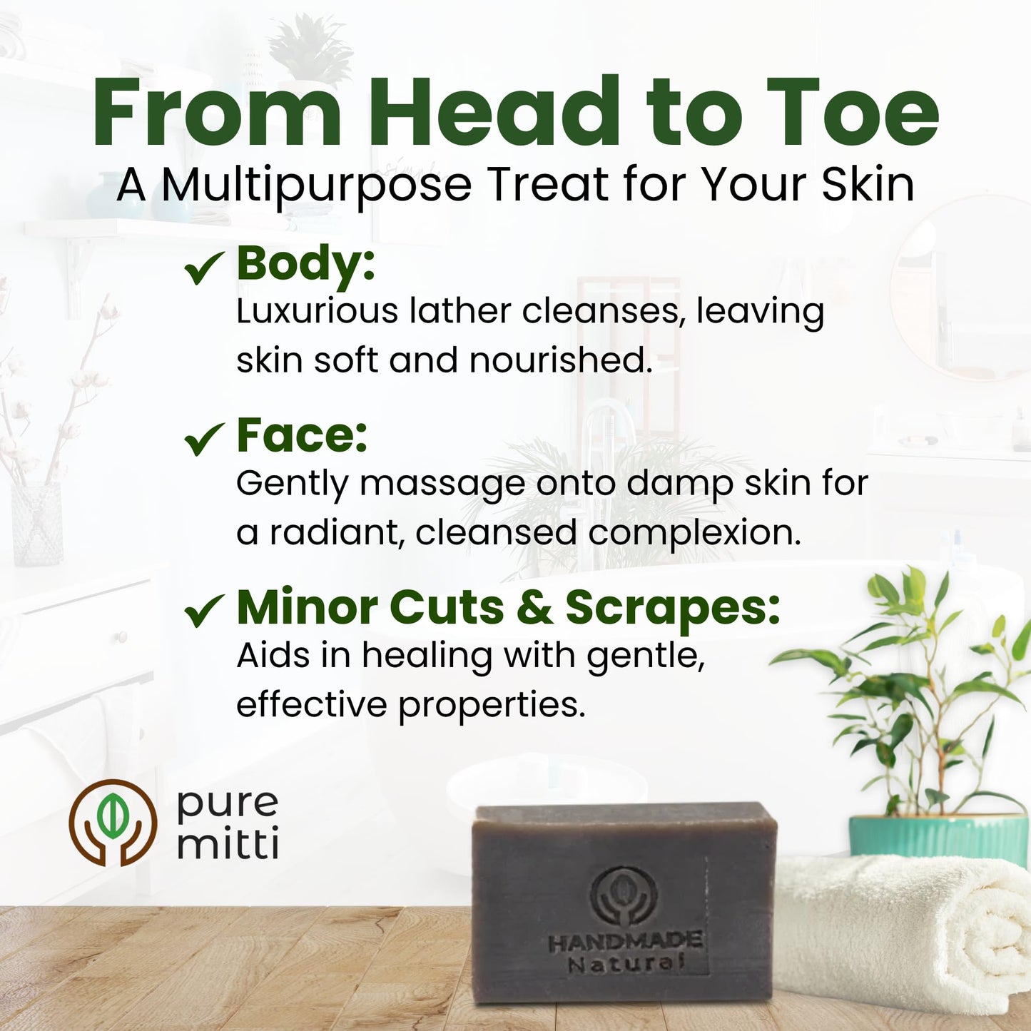 Pure Mitti Neem Soap Bars [4.5 oz x 3 Pcs.] Organic Ayurvedic Soap for Face & Body with Neem, Castor Oil & Coconut Oil – Cold Process, Plastic-Free, Herbal Cleansing