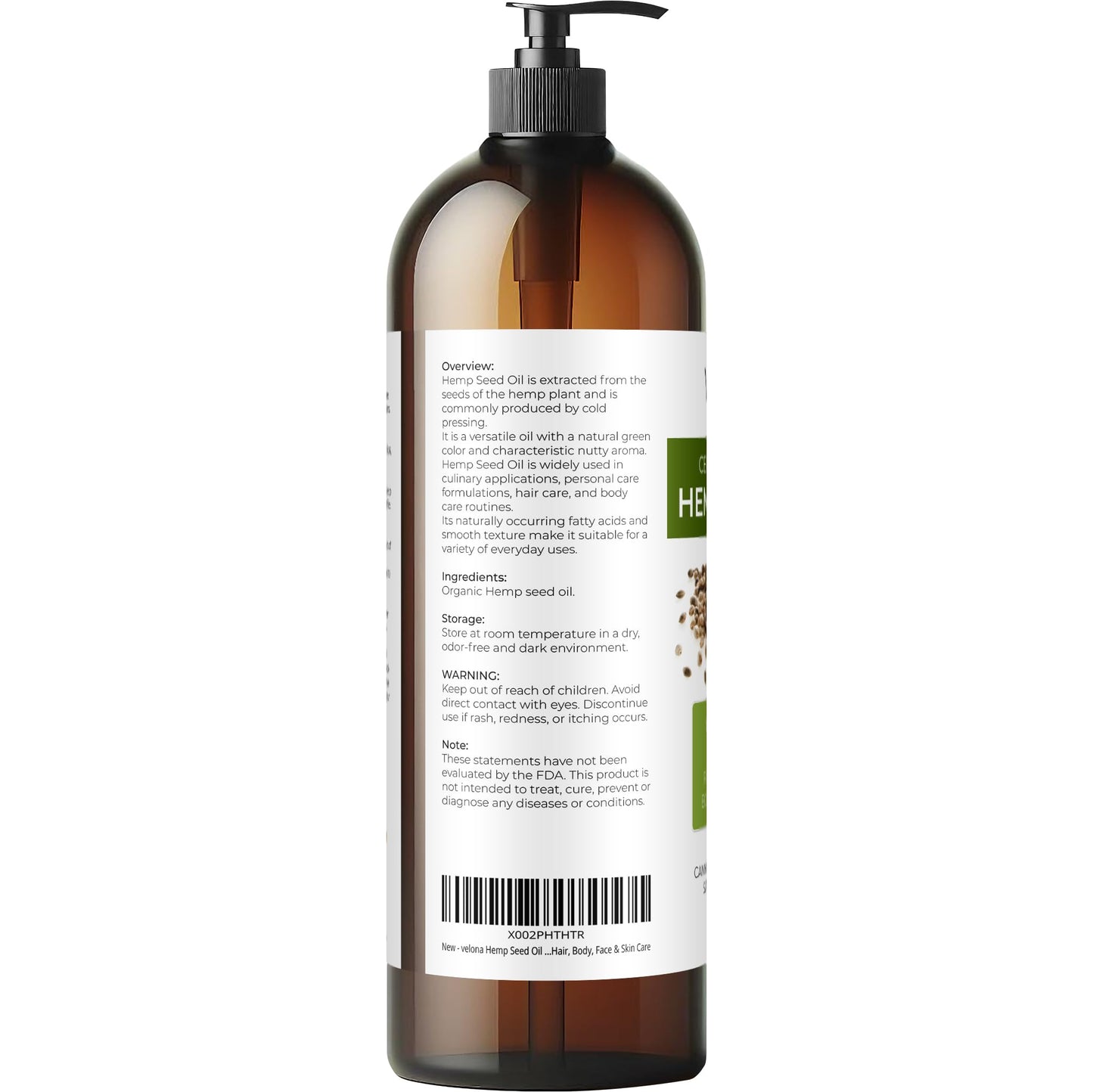 velona USDA Organic Hemp Seed Oil - 32 fl oz, Cold Pressed, with Pump