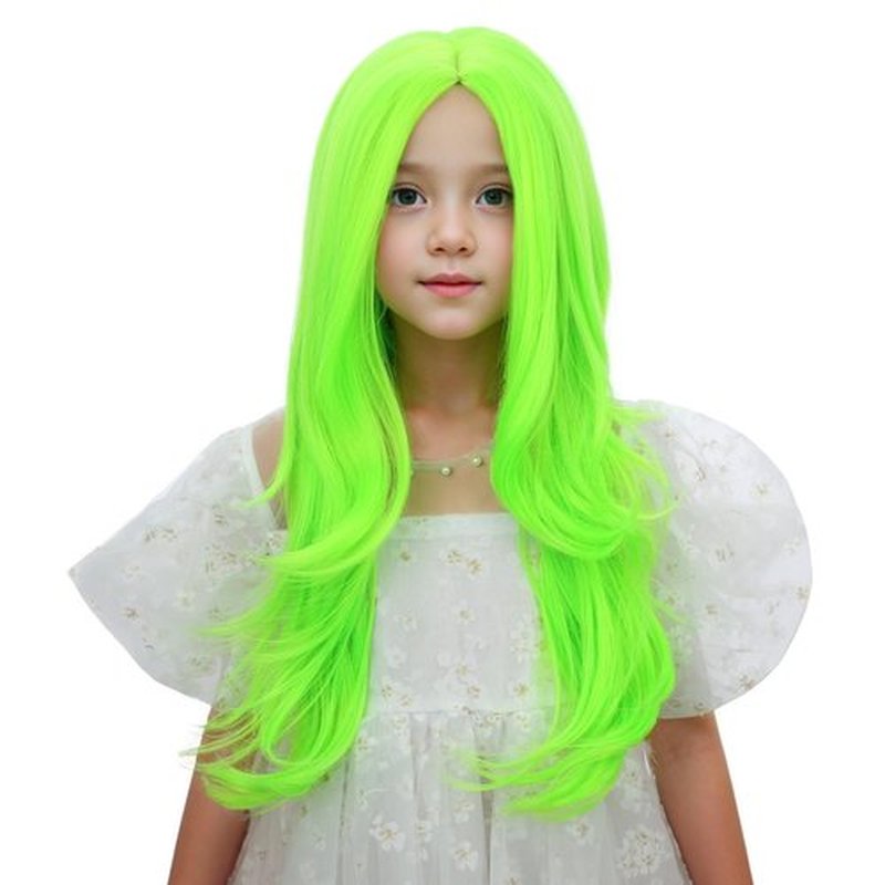 Edivd Neon Green Wig for Kids Girls Long Green Ombre Middle Part Wig Children Light Green Wavy Curly Wig Heat Resistant Synthetic Wig with Wig Cap