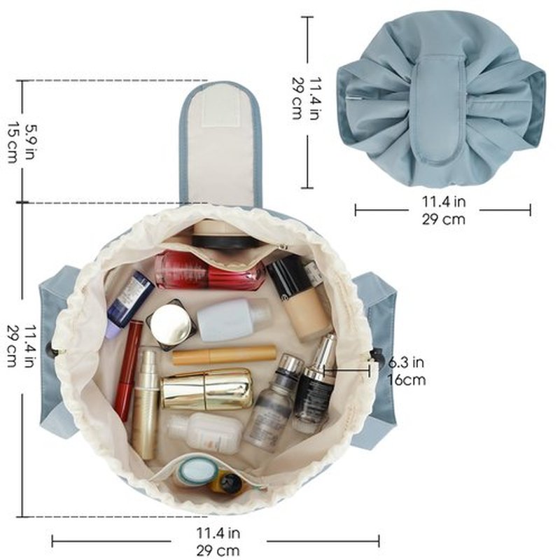 Barrel Drawstring Makeup Bag Large Cosmetic Bag Make up Bags Toiletry Organizer for Women (Greyish Blue) (Patent)