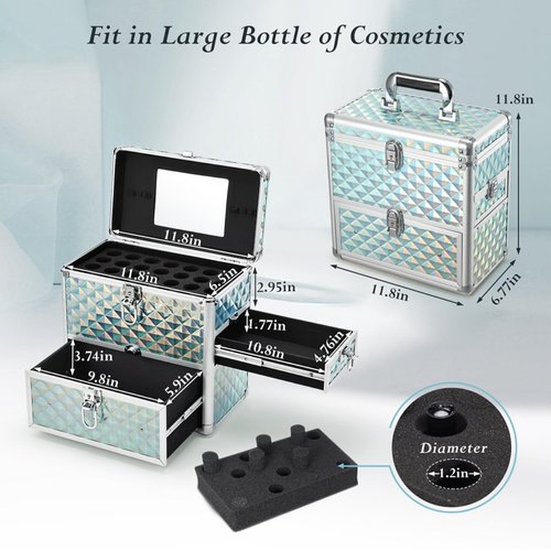 FRENESSA Extra Large Makeup Organizer Case Cosmetic Box Storage with Drawer Mirror Makeup Manicure Accessory Organizer With Dividers Travel Nail Art Case for Makeup Artist Nail Tech Case Watery Blue