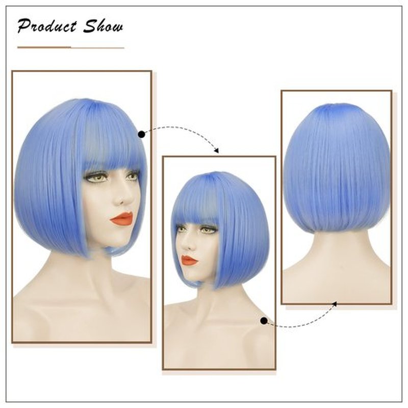 SOFEIYAN Short Straight Bob Wigs with Bangs 11 inch Synthetic Daily Party Cosplay Hair Wig for Black Women, Blue