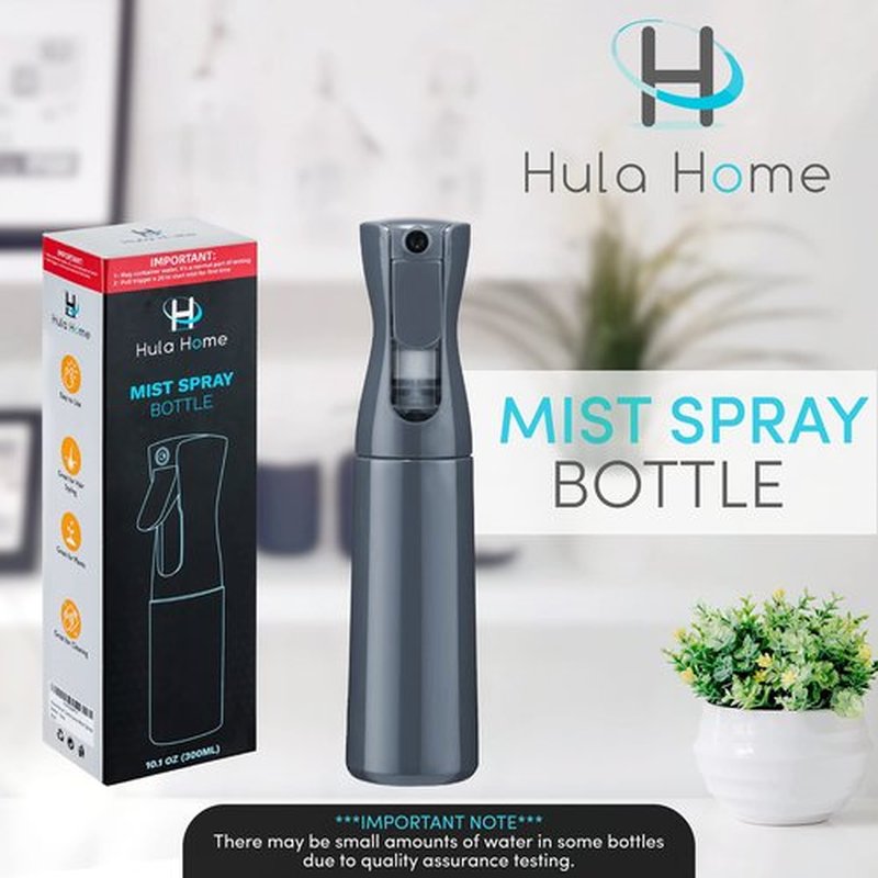 Hula Home Continuous Spray Bottle for Hair (10.1oz/300ml) Empty Ultra Fine Plastic Water Mist Sprayer – For Hairstyling, Cleaning, Salons, Plants, Essential Oil Scents & More - Gray