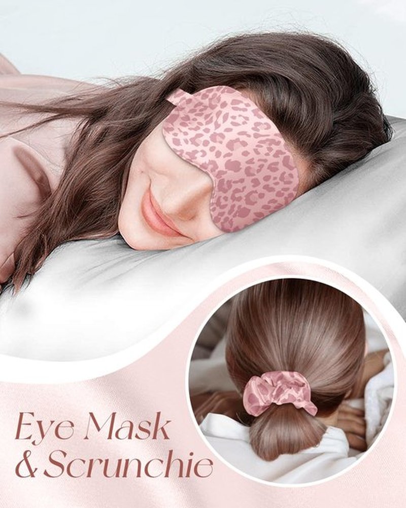 Miss Adola Silk Bonnet for Women - Mulberry Silk Sleep Cap for Hair Care with Eye Mask & Scrunchie 19 Momme Night Cap Sleeping Set with Elastic Stay On Head, Leopard