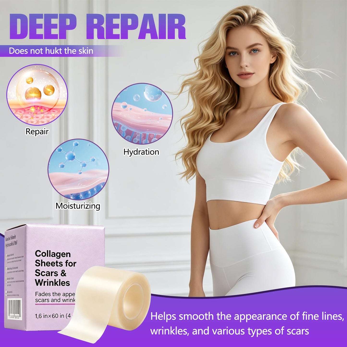 Collagen Tape, Collagen Sheets for Scars & Wrinkle, Silicone Scar Removal Strips for Various Different Scars and Wrinkles, for Surgeries Burn Acne Wounds Recovery