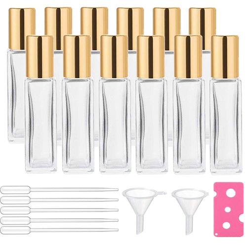 wifreo 12Pcs 10ml Glass Roll On Bottle for Essential Oils, Eco-friendly Refillable Clear Perfume Sample Bottles with Stainless Steel Roller Ball - Portable & Practical