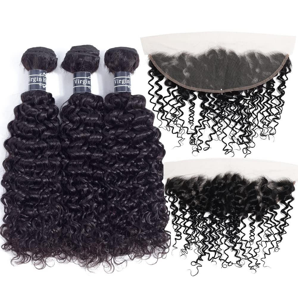 Amella Hair 8A Brazilian Hair Frontal with Bundles Kinky Curly 3 Bundles with Free Part Lace Frontal 100% Unprocessed Virgin Brazilian Hair 10 12 14+10 inch Frontal