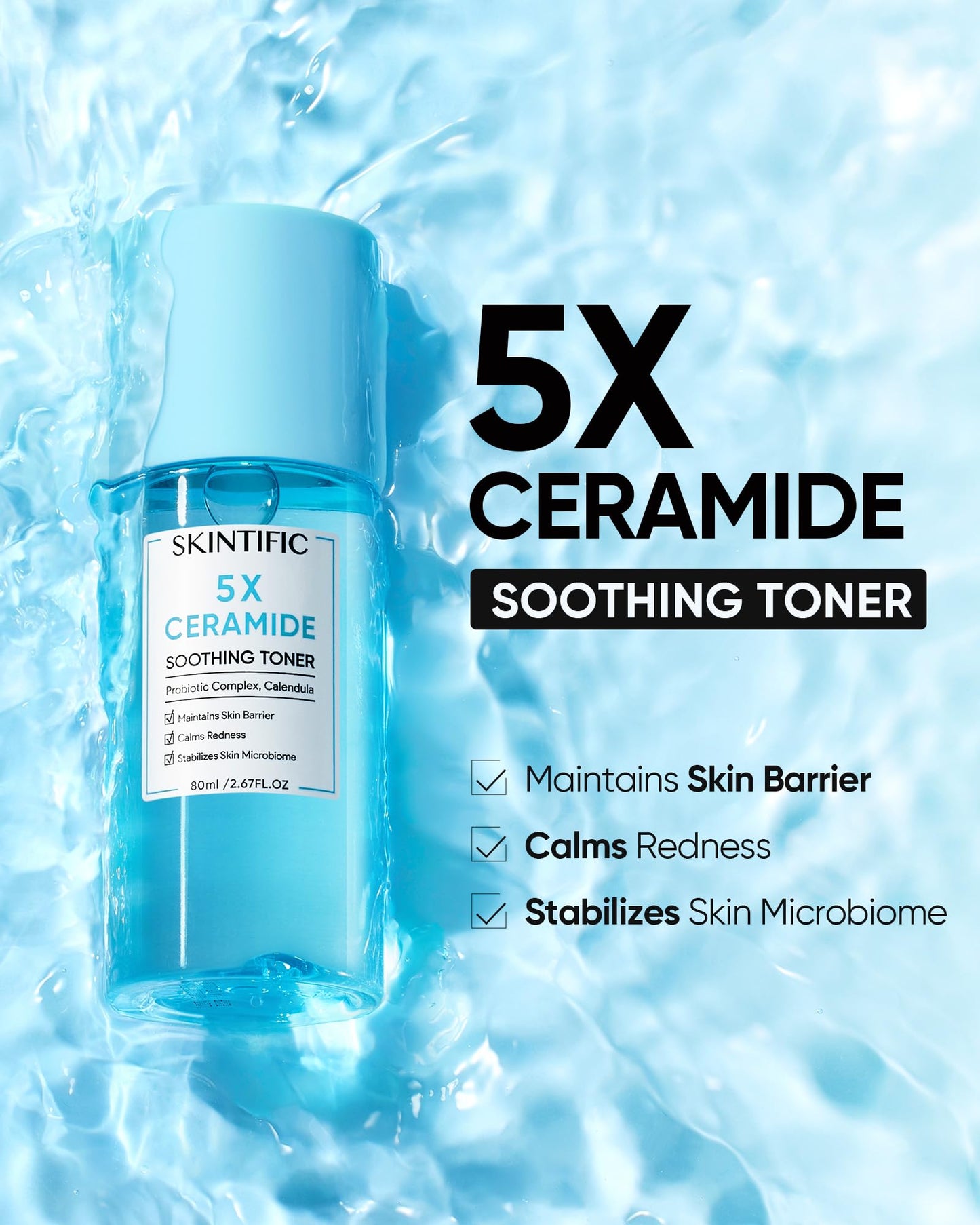 SKINTIFIC 5X Ceramide Soothing Toner, Hydrating Skin Barrier Repair Calms Redness Facial Toner with Probiotics & Calendula for Sensitive & Dry Skin, Non-Alcohol, Cruelty-Free, Vegan Skincare