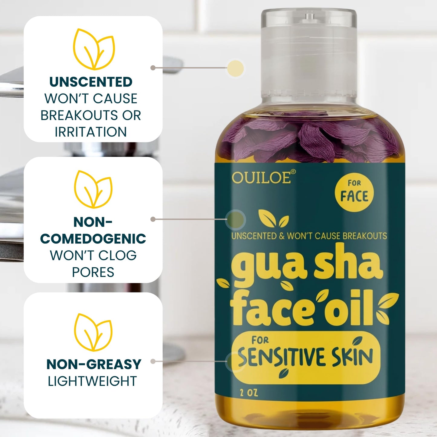 Ouiloe Guasha Oil for Sensitive Skin - Non Comedogenic Facial Oil for Gua Sha - Non Greasy Face Oil for Lymphatic Drainage - Unscented, Lightweight, Natural and Non Irritating, 2oz
