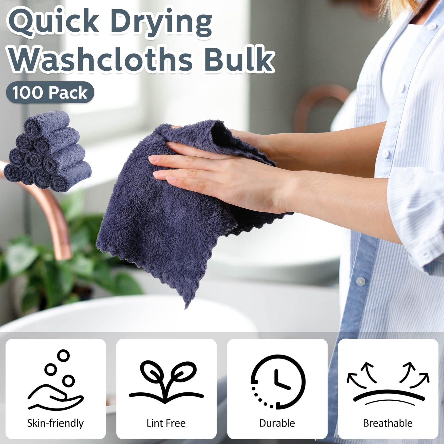 Newwiee 100 Pack Washcloths Bulk, Ultra Soft Wash Cloths 12 x 12 Inch Quick Dry Absorbent Microfiber Face Towel,Reusable Facial Fingertip Cloth for Spa Baby Shower & Craft(Dark Grey)