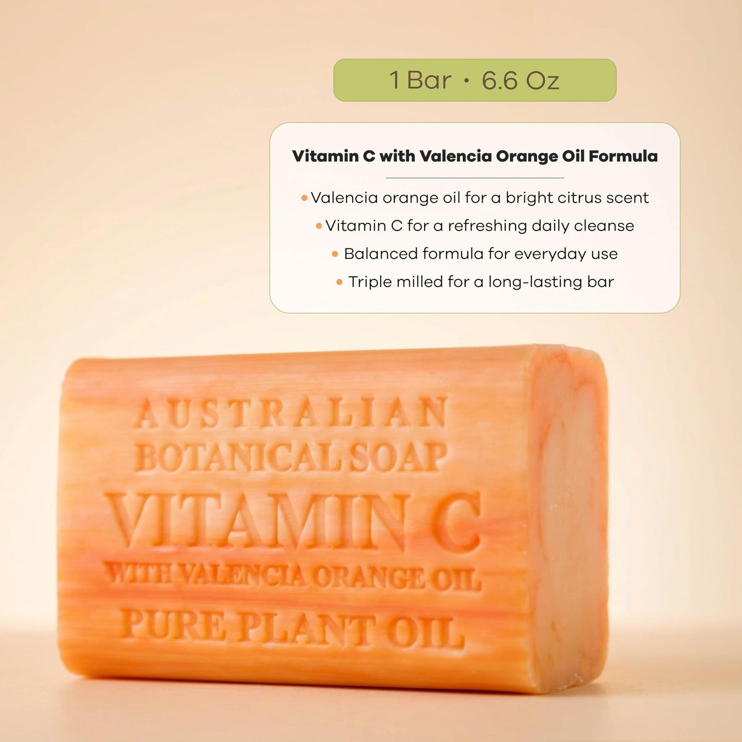 Australian Botanical Soap Vitamin C with Valencia Orange Oil 6.6 oz Triple Milled Luxury Soap Bar Enriched with Shea Butter, Suitable for Men, Women and All Skin Types, Pack of 1