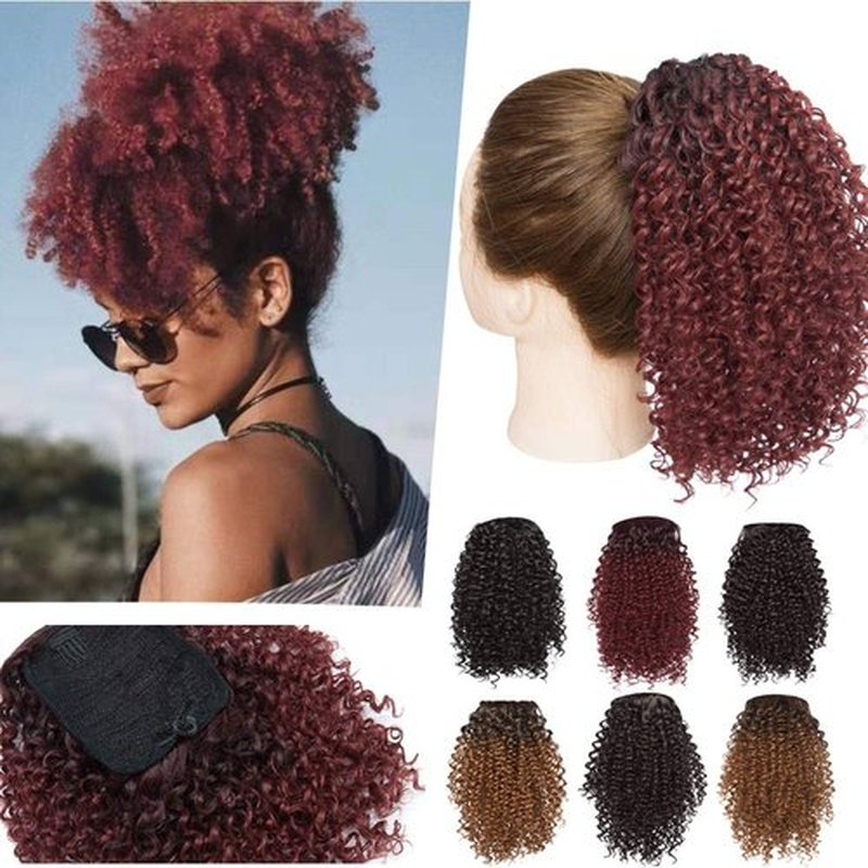 Hairro Afro Kinky Curly Ponytail Extensions Short Synthetic Hair 8 Inch Drawstring Deep Wave Puff Hairpieces for Black Women Ombre 1B/BURG Red