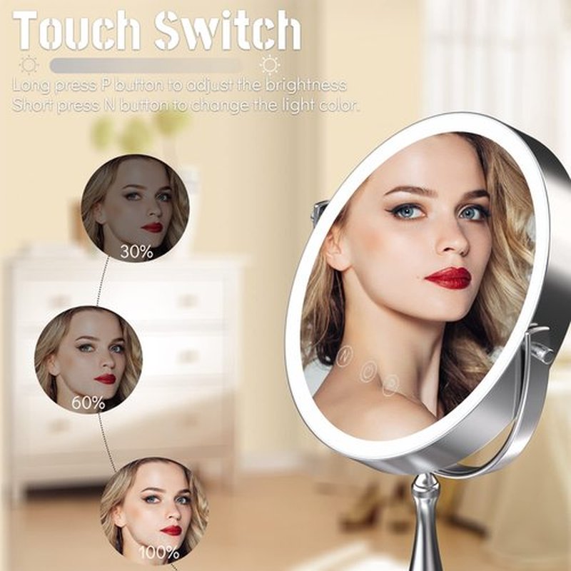 WIZCHARK 9" Large Lighted Makeup Mirror, 1X/10X Magnifying Vanity Mirror with 3 Colors Dimmable Lightning, 80 LED Lights, 360°Rotation Double Sided Standing Desk Mirror