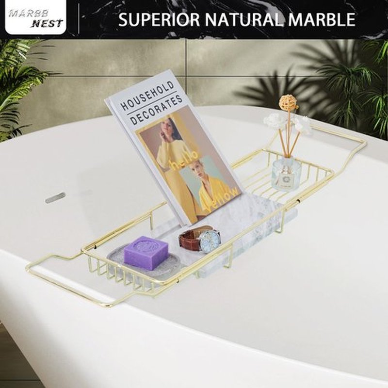 MARBBNEST Bathtub Tray Caddy for Luxury Bath Expandable Extra Wide Bath Tub Tray with Natural Marble Tray and Mobile/Tablet Stand, Ideal for Home Spa Lovers(Gold + Jazz White)