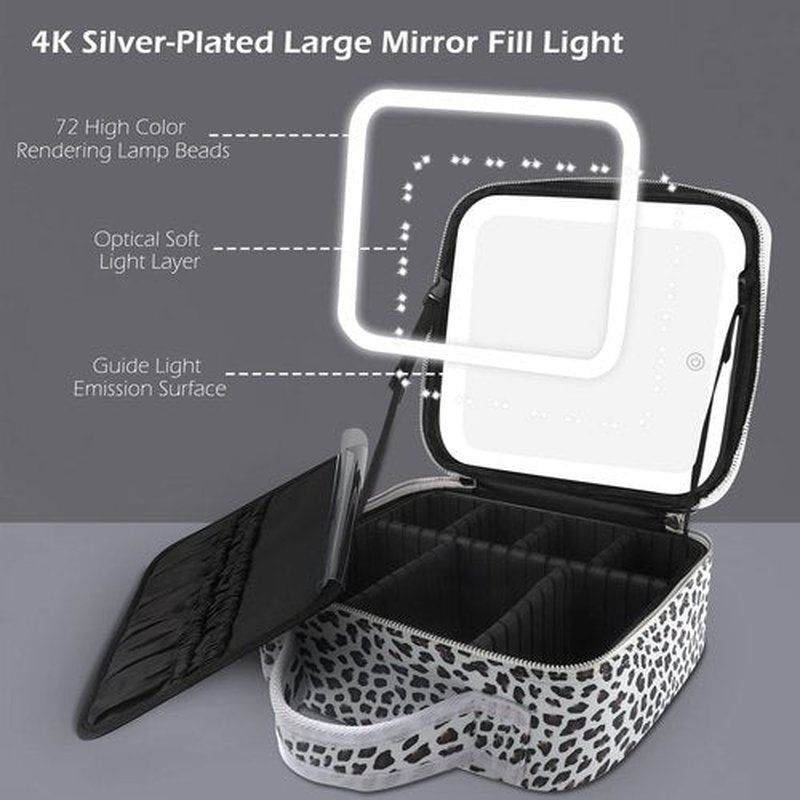 MOMIRA Makeup Bag with Mirror and Light Travel Makeup Train Case Cosmetic Organizer Portable Artist Storage Bag with Adjustable Dividers Makeup Brushes Storage Organizer Leopard-White