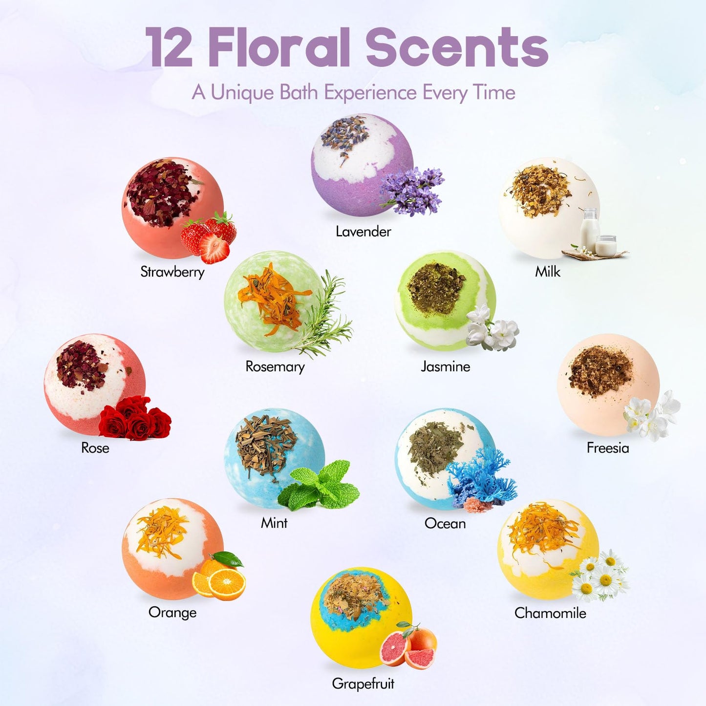 12 Floral Bath Bombs Gift Set with Real Dried Flowers, Natural Essential Oils & Shea Butter, Skin-Softening Bubble Bath Fizzies, Relaxing Spa Gifts for Women, Mom, Birthday & Holiday