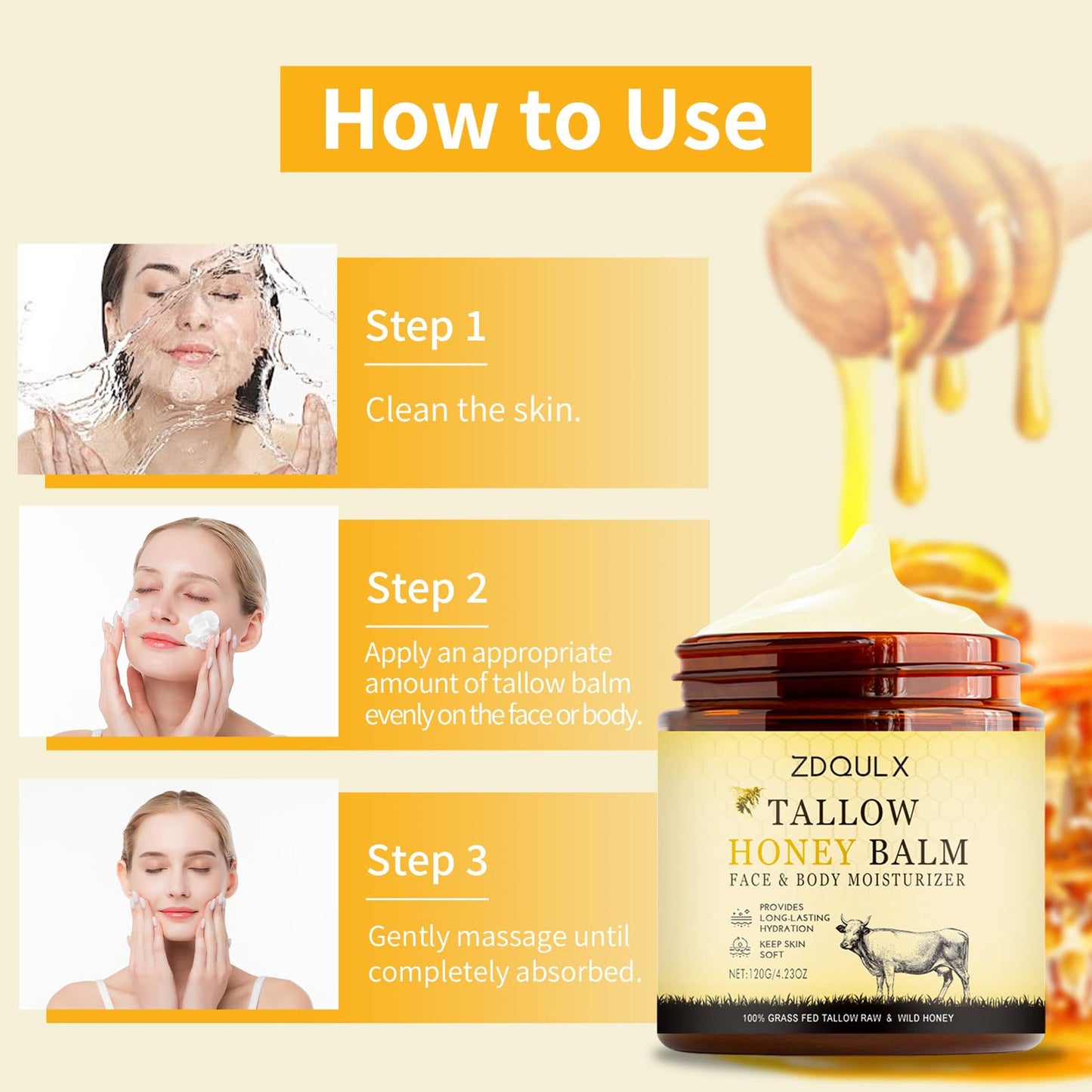 ZDQULX Grass-Fed Beef Tallow Balm with Raw Honey- Facial Moisturizer Cream Beef Tallow for Skin Natural Deeply Moisturizing for Face & Body Sensitive Dry Skin Repair 4.23 Oz