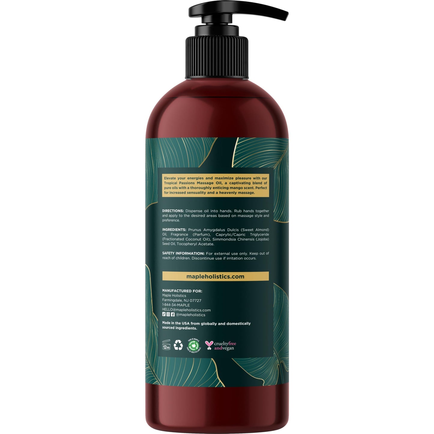 Tropical Massage Oil for Couples Relaxation - Full Body Massage Oil for Date Night with Smooth Gliding Coconut and Sweet Almond Oil with Mango Scent - Non GMO Gluten Free & Vegan (16 Fl Oz)