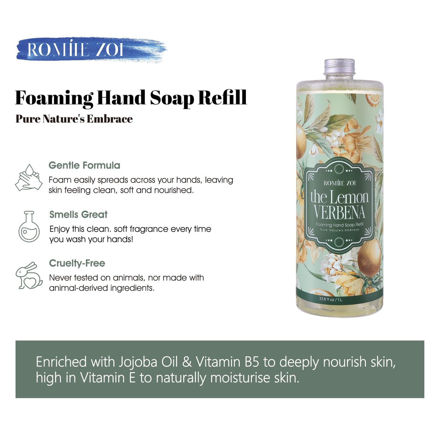 ROMIIE ZOI Foaming Hand Soap Refill, Lemon Verbena, Gentle & Moisturizing Formula, 1000 ML/ 33.8 FL OZ