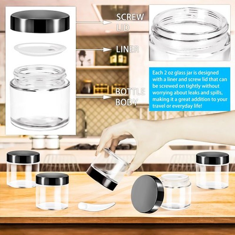 MotBach 4 Pack 2 oz Glass Jars with Lids 60ml Mini Round Clear Glass Jars with Inner Liners and Spatulas, Travel Size Containers Jars for Toiletries Creams Makeup Cosmetic Sample Lotion (Black Lid)