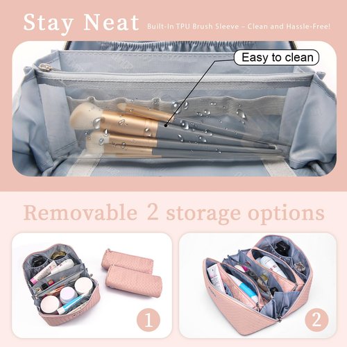 Travel Makeup Bags Cosmetic Organizer Bag: Large Capacity Make up Bag Set of 3 - Vegan Leather Toiletry Bag for Women - Portable Makeup Organizer with Compartments & Handle & Divider (1 Pink)