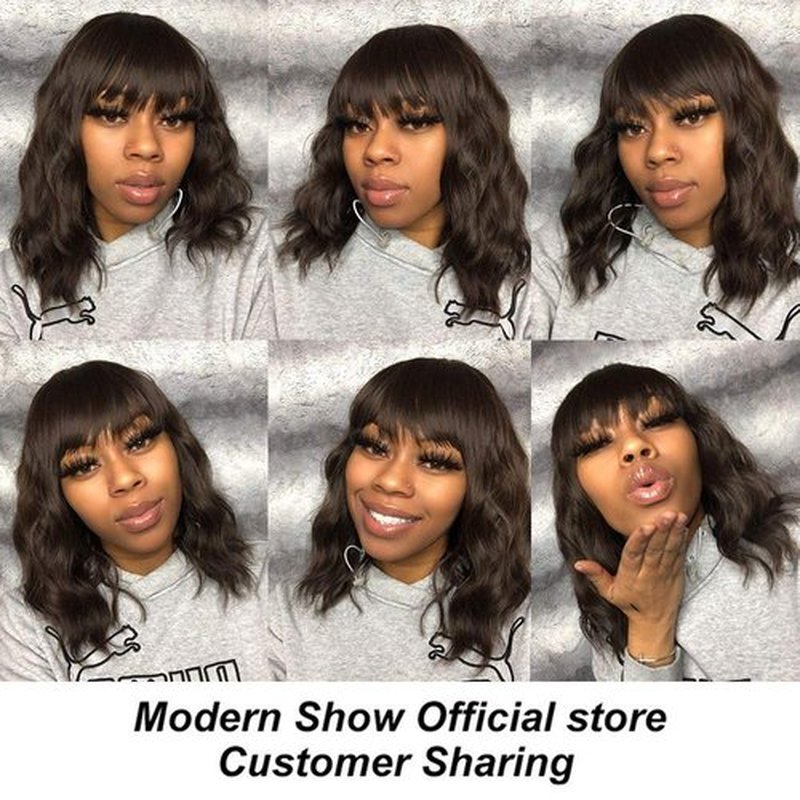 Ucubb Short Curly Wig with Bangs for Women 14 Inches Dark Brown Wavy Bob Wig Synthetic Heat Resistant Fiber Wigs (Dark Brown)