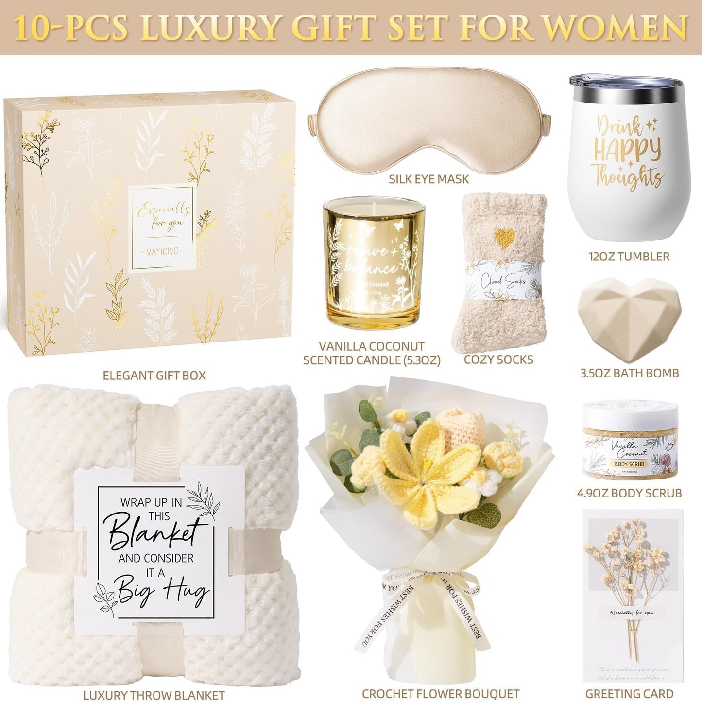 Birthday Gifts for Women Self Care Package Get Well Soon Gift Baskets, Thinking of You Sympathy Gift Set w/ Crochet Flower Bouquet, Unique Christmas Spa Gifts for Women Mom Her Best Friend Sister Wife