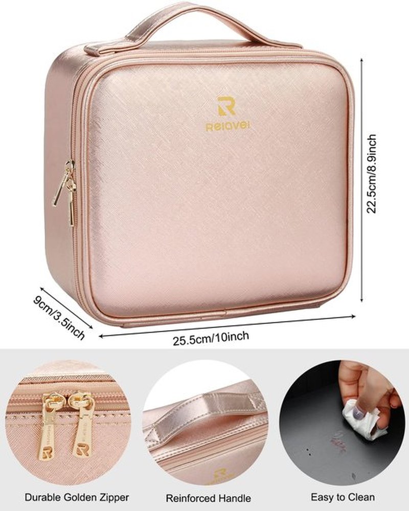 Relavel Travel Makeup Train Case Makeup Cosmetic Case Organizer Portable Artist Storage Bag with Adjustable Dividers for Cosmetics Makeup Brushes Toiletry Jewelry Digital (Rose Gold)