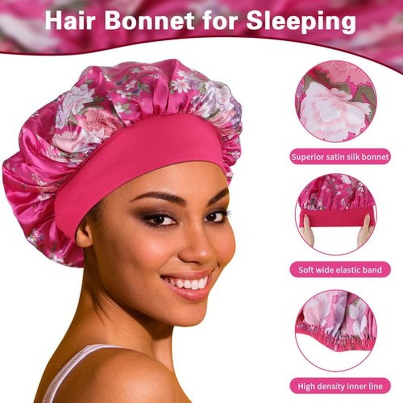 Satin Bonnet Hair Bonnet for Sleeping- 4 Pack Large Silk Bonnets for Black Women with Elastic Soft Band for Hair Care
