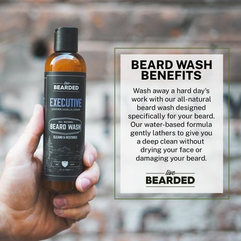 Live Bearded: Beard Wash - Executive - Beard and Face Wash - 8 fl. oz. - Water-Based Formula with All-Natural Ingredients for a Gentle, Deep Cleanse - Made in the USA