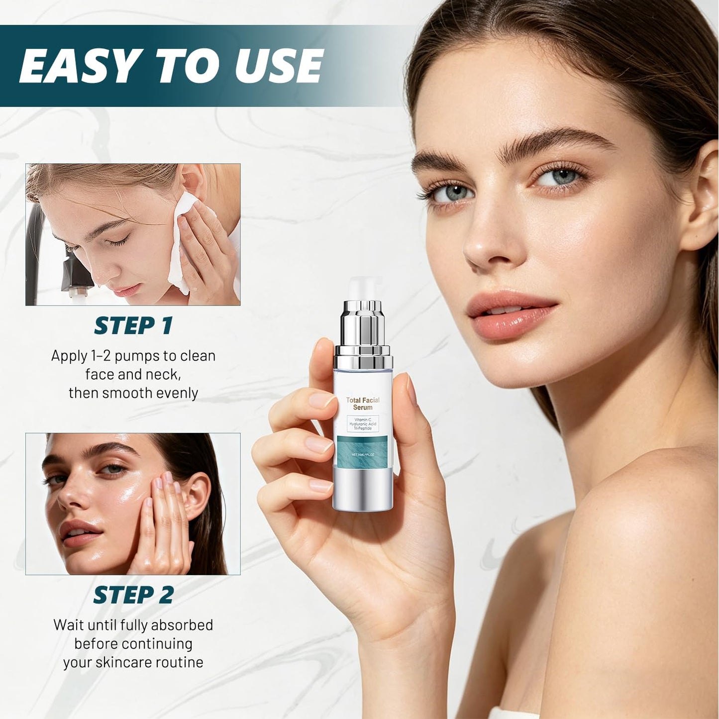 Total Facial Serum, Anti-Aging Vitamin C Serum, Hyaluronic Acid & Peptides, Hydrating Moisturizing Skin Care, 1 Fl Oz