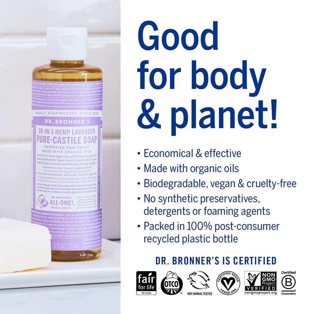 Dr. Bronner's Magic Soap-Pure-Castile Liquid Soap (Lavender, 8 ounce)-Regenerative Organic Certified Oils, 18-in-1 Uses: Body, Hair, Laundry, Pets & Dishes, Concentrated, Vegan, Non-GMO (Pack of 2)