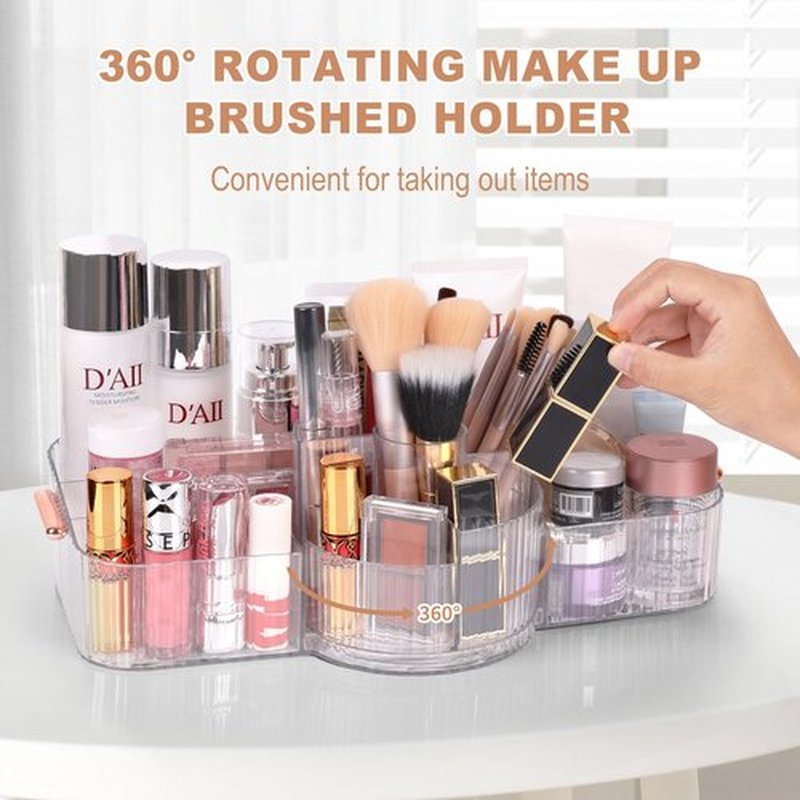 LAIMIJIN Countertop Makeup Organizer, Large Capacity Rotating Cosmetic Display Case for vanity, Spacious Makeup Skincare Storage Organizer with Makeup Brush Holder for Countertop (Clear)