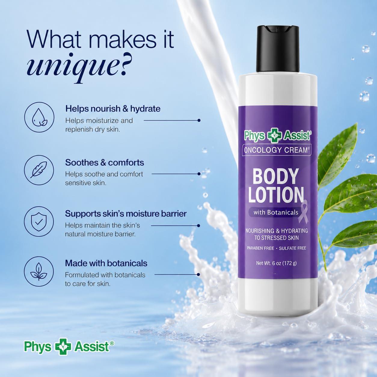PhysAssist Oncology Cream Body Lotion with Botanicals – Hydrating Lotion for Dry, Sensitive and Stressed Skin – Lavender, Tea Tree, Peppermint & Calendula – 6 oz Bottle