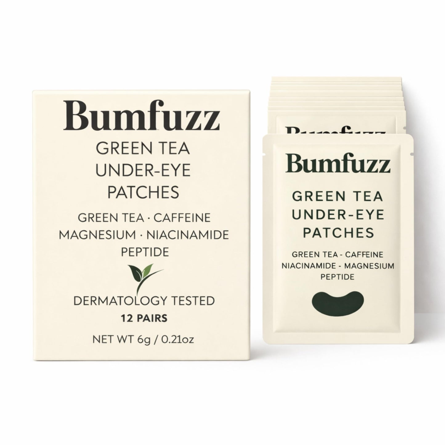 Bumfuzz Green Tea Under-Eye Patches (12 Pairs) | Depuff & Brighten Eye Gel Patches for Dark Circles & Tired Eyes | Plant-Based, Vegan with Caffeine, Niacinamide, Magnesium & Vegetable Peptides