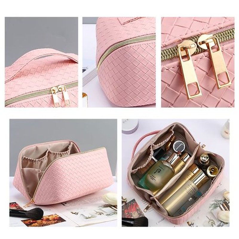 Large Capacity Makeup Bag, Cosmetic Bag Leather Woven Cosmetic Travel Bag Roomy Double Layer Makeup Bags for Women Makeup Pouch Portable Zipper Bags (Black)