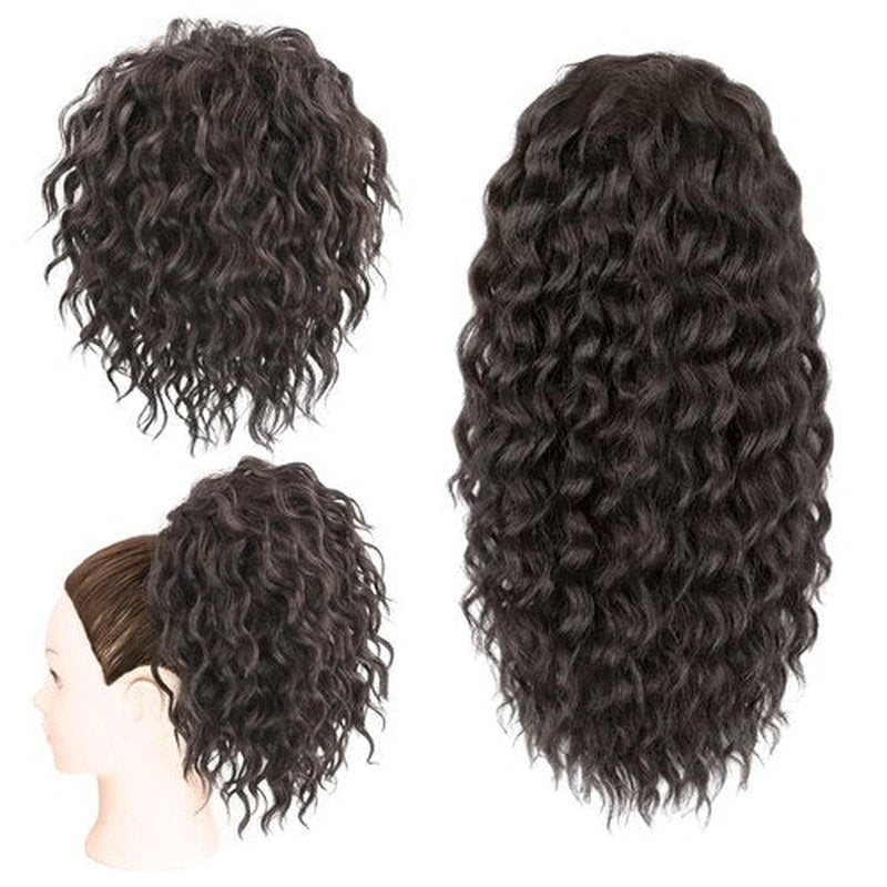 Adancyler 2PCS Ponytail Extension, 8" Messy Bun Hair Piece+20" Wavy Drawstring Ponytail Extensions Synthetic Hairpieces Pony Tails Hair Extensions for Women(Black Brown)