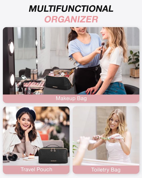 BAGSMART Makeup Bag Cosmetic Bag, Travel Makeup Bag, PU leather Makeup Bags for Women Portable Water-resistent Pouch Open Flat Make Up Organizer Bag for Toiletries, Brushes, Leather Black