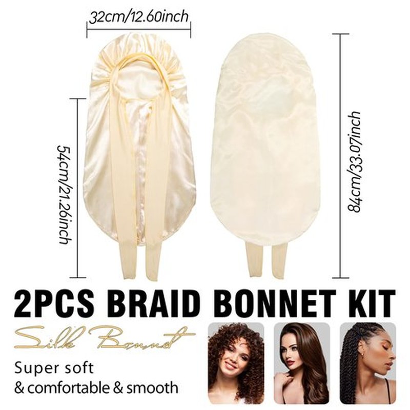 2Pcs Bonnets for Black Women Braid Bonnet, Large Long Satin Bonnet for Braids, Silk Bonnet with Stretchy Tie Band Sleep Cap Hair (2Pcs-Black&Gold)
